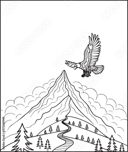 Mountain landscape with flying eagle outdoor scenery coloring page for kids, black line art vector illustration for activity book design