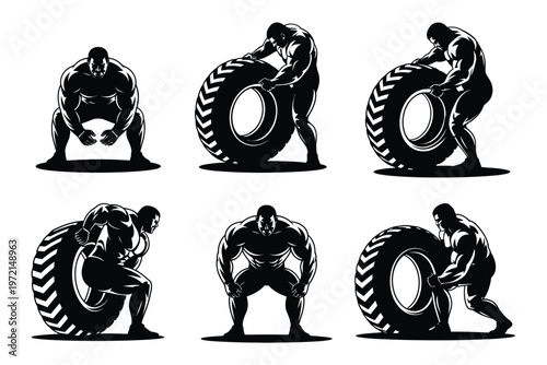 Six muscular figures in black silhouettes exert strength while lifting large truck tires in dynamic fitness poses