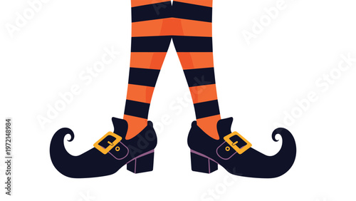 Whimsical illustration of legs wearing orange and black striped stockings with pointed buckled shoes typical of a witch or elf.