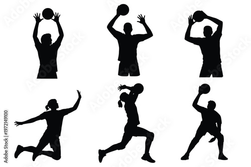 Silhouettes of athletes in dynamic basketball moves including dunking shooting and passing isolated on white background