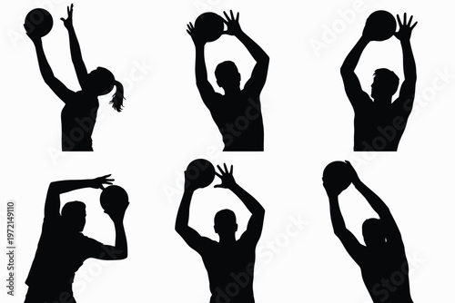 Six silhouetted basketball players in dynamic shooting poses isolated on a clean white background showcasing athleticism and intensity in a minimalist style