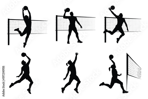 Silhouettes of athletes playing volleyball dynamic action poses of serving spiking and blocking in mid air near net