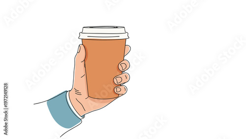 Human hand holding a brown disposable takeaway coffee cup with a white lid in a simple cartoon style illustration on a white background.