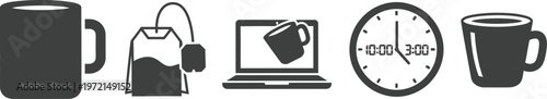 A set of monochrome icons depicting a coffee mug tea bag laptop and a clock showing working hours