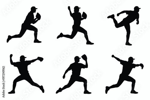 Silhouettes of six baseball pitchers in dynamic throwing poses mid action isolated on a clean white background capturing energy and motion in minimalist black design