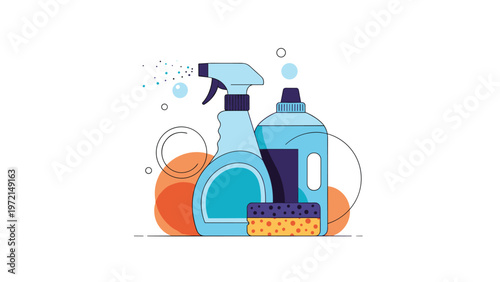 Group of cleaning product bottles including spray and detergent with a yellow sponge on a colorful abstract background with soap bubbles.