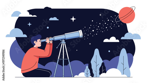Inspiring illustration of a person using a telescope to observe a starry night sky with a ringed planet and floating clouds.