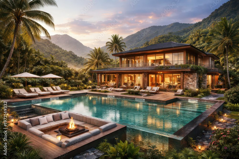 Fototapeta premium Luxurious villa with a pool surrounded by mountains and palm trees.