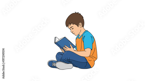 Young boy sitting cross legged on the floor deeply engrossed in reading a blue book in a simple character illustration.