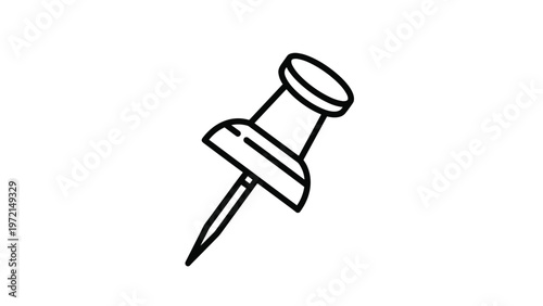 Simple black and white line art illustration of a push pin or thumb tack used for pinning notices or marking locations.