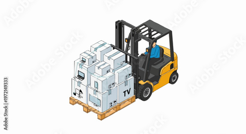Isometric Forklift Carrying Pallet with Delivery Boxes, Logistics and E-commerce Concept Illustration