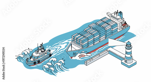 Isometric Vector Illustration of a Cargo Container Ship and Pilot Boat Navigating Near a Lighthouse, Global Logistics and Maritime Shipping Concept