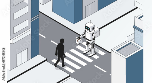 Autonomous Humanoid Delivery Robot Handing Package to Customer at Urban Crosswalk, Future Logistics and Smart City Technology Isometric Illustration