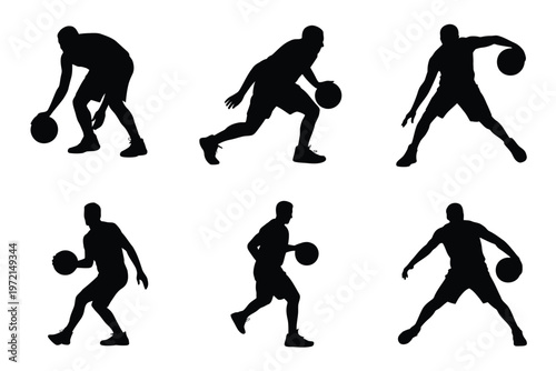 Silhouettes of basketball athletes dribbling and passing the ball in dynamic poses on a minimalist white background showcasing action and sportsmanship in a clean modern style