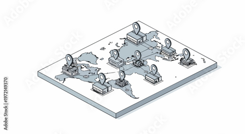 Global Logistics and Supply Chain Network Isometric Illustration with World Map, Warehouses, and GPS Location Markers for International Trade
