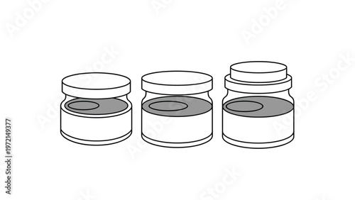 Set of three simple glass jars with lids shown in different sizes and containing a gray circular element inside each.