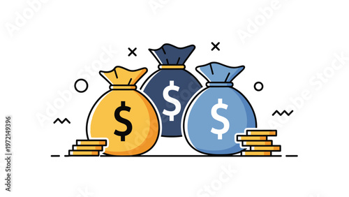 Collection of three colorful money bags with dollar signs accompanied by small stacks of gold coins in a flat design.