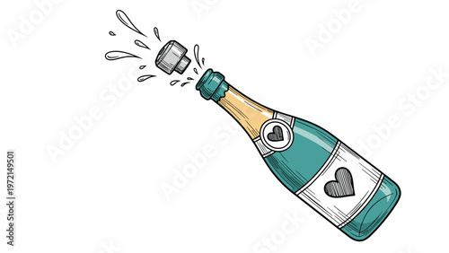 Detailed illustration of a green champagne bottle with heart labels being opened with its cork flying and liquid splashing.