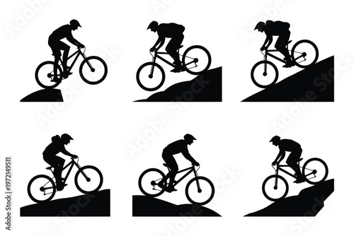 Cyclist silhouettes in dynamic motion riding bicycles downhill on sloped terrain in minimalist black and white design showcasing action and adventure