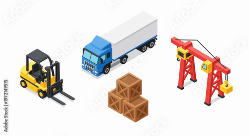 Isometric Logistics and Shipping Transportation Set with Forklift, Cargo Truck, Gantry Crane, and Wooden Crates