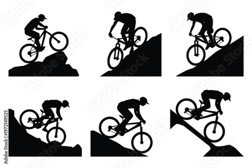 Silhouettes of mountain bikers performing stunts on rugged terrain capturing dynamic motion and adventure in a minimalist black and white design