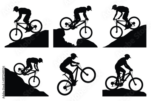 Dynamic silhouettes of cyclists performing stunts on mountain bikes with bold outlines and dramatic action poses on a clean white background