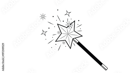 Magical wand tool with a large shining star tip and numerous small sparkling stars around it in a minimalist black and white line art style.