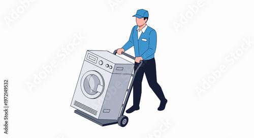 Professional delivery man moving a washing machine on a hand truck. Appliance delivery service illustration. House moving and logistics concept isolated on white background.