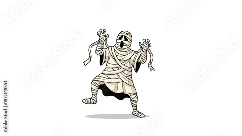 Cartoon illustration of a scary ancient Egyptian mummy wrapped in bandages dancing or lunging forward for a festive Halloween theme.