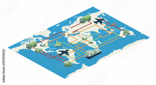 Global Logistics and Supply Chain Network Isometric World Map Illustration featuring Air, Sea, and Land Transportation Routes for International Trade and E-commerce Shipping