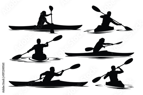 Silhouette illustrations of six kayakers paddling in a dynamic rowing motion during water sports activities isolated on white
