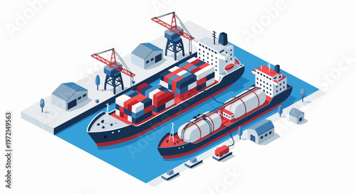 Isometric Vector Illustration of Cargo Port with Container Ship and Tanker Vessel for Global Trade and Logistics Concept