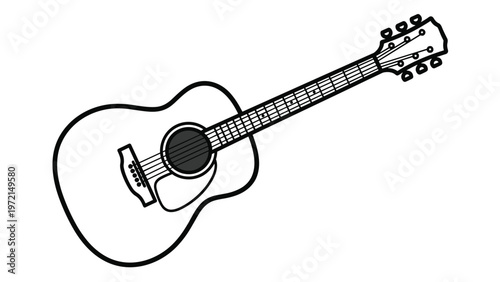 Classic acoustic guitar musical instrument in a simple black and white outline style isolated on a white background for music art themes.