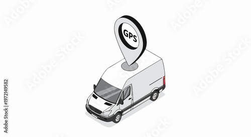 Isometric White Delivery Van with GPS Tracking Pin Icon for Logistics and Fleet Management Illustration