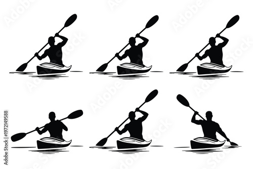 Silhouettes of kayakers paddling in a minimalist rowing sequence isolated on white dynamic water sport illustration vector design