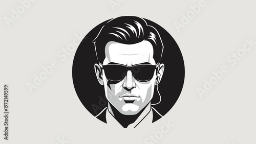 Stylized portrait of a man wearing black sunglasses and an earpiece suggesting a secret agent or professional bodyguard.