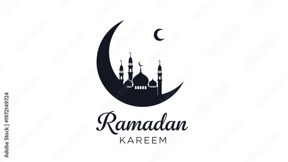 Fototapeta premium Ramadan Kareem greeting card design with silhouette of a mosque and crescent moon on white background for islamic holy month celebration.