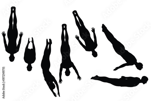 Silhouettes of people performing dynamic acrobatic moves in mid air against a clean white background showcasing human flexibility