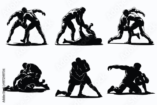 Dynamic black silhouettes of athletes wrestling in intense grappling poses conveying strength and competition in a minimalist design style