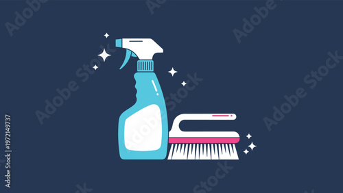 Cleaning supplies illustration featuring a blue spray bottle and a scrubbing brush with sparkling clean effects around them.