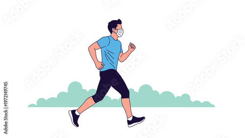 Illustration of a young man jogging outdoors while wearing a protective face mask for health and safety during exercise.