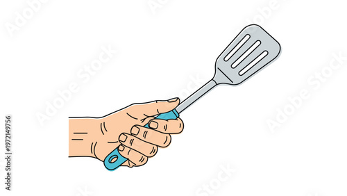 Hand holding a kitchen spatula utensil tool for cooking or grilling pancakes and burgers isolated on a plain white background vector art.