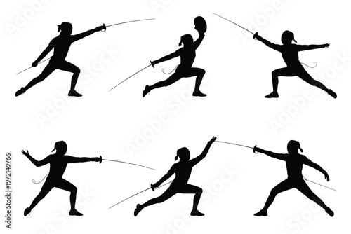 Dynamic silhouettes of fencers in action showcasing lunges parries and thrusts in intense dueling poses against a clean white background