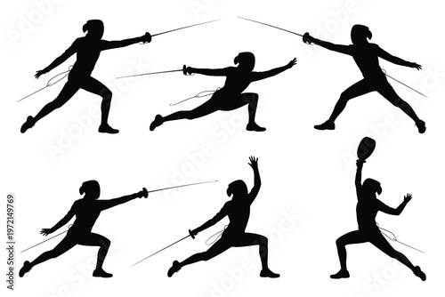 Dynamic silhouettes of fencers in mid action poses lunging and parrying with swords during intense combat isolated on a clean background for versatile graphic design use