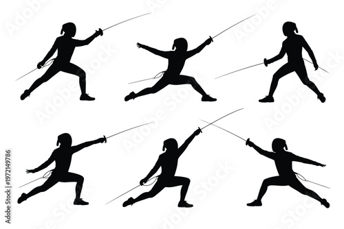 Silhouettes of fencers in dynamic poses performing lunges and parries with swords on a clean white background