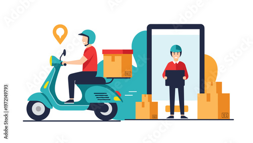 Logistics and food delivery service concept with courier riding a motor scooter and digital smartphone application tracking the package.