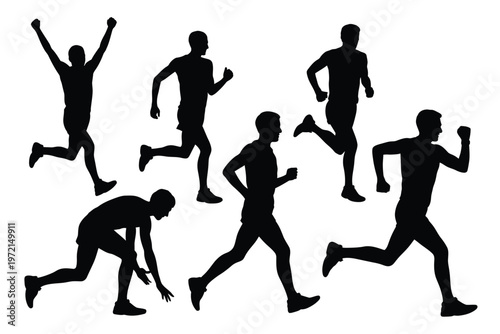 Dynamic silhouettes of athletes running jumping and sprinting in various energetic poses showcasing motion fitness and athleticism in a minimalist black design