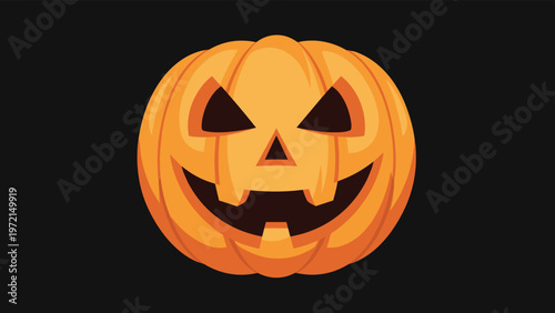 Spooky halloween jack o lantern pumpkin with carved glowing face and evil smile isolated on black background for october holiday events.