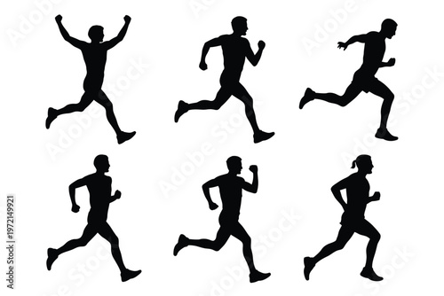 Dynamic silhouettes of six runners in motion showcasing energy fitness and athleticism against a clean white background