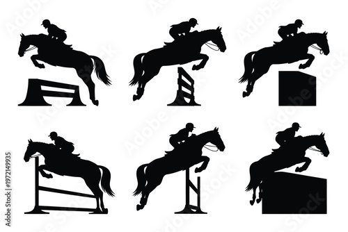 Silhouettes of riders on horses jumping over obstacles in a dynamic equestrian competition showcasing action and athleticism perfect for sports and leisure themes